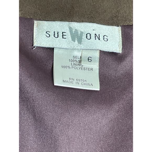 Sue Wong Brown 100% Silk Beaded Long Sleeve V Neck Mesh Midi Sheath Dress Size 6 - Picture 5 of 6